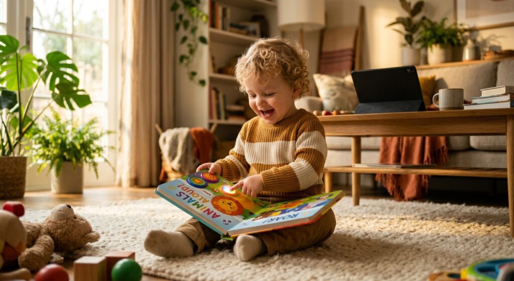 ילד פעוט מתולתל יושב על שטיח בסלון ומצביע בשמחה על ספר ילדים אינטראקטיבי עם צלילי חיות